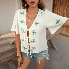 Embroidered Cardigan Top With Bow-Tie Detail