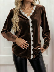 Lace-Trimmed V-Neck Velvet Shirt For Women