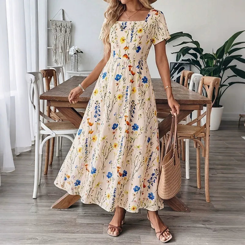 Waist-Cinching Short-Sleeve Floral Dress