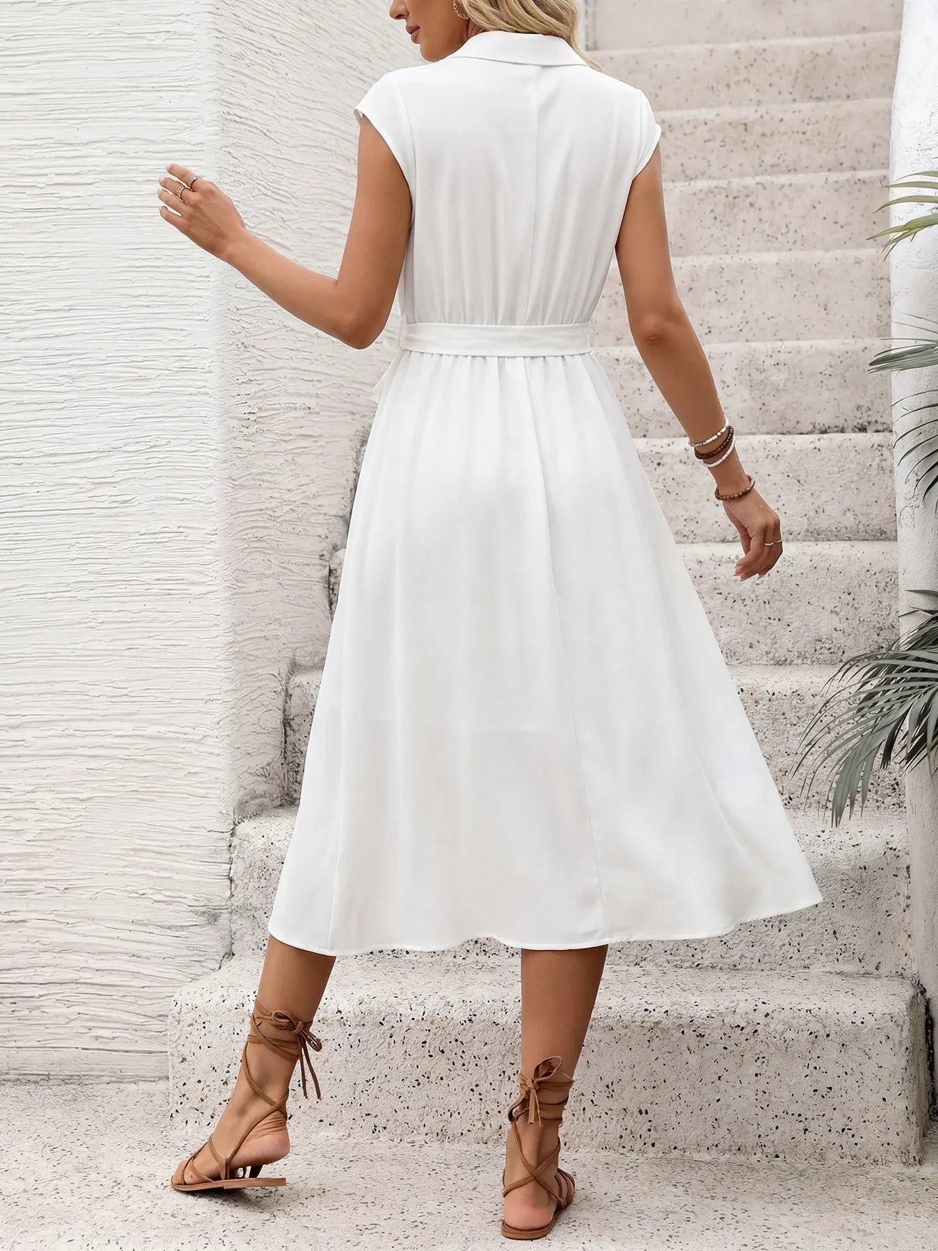 White Collared Dress With Piping Detail