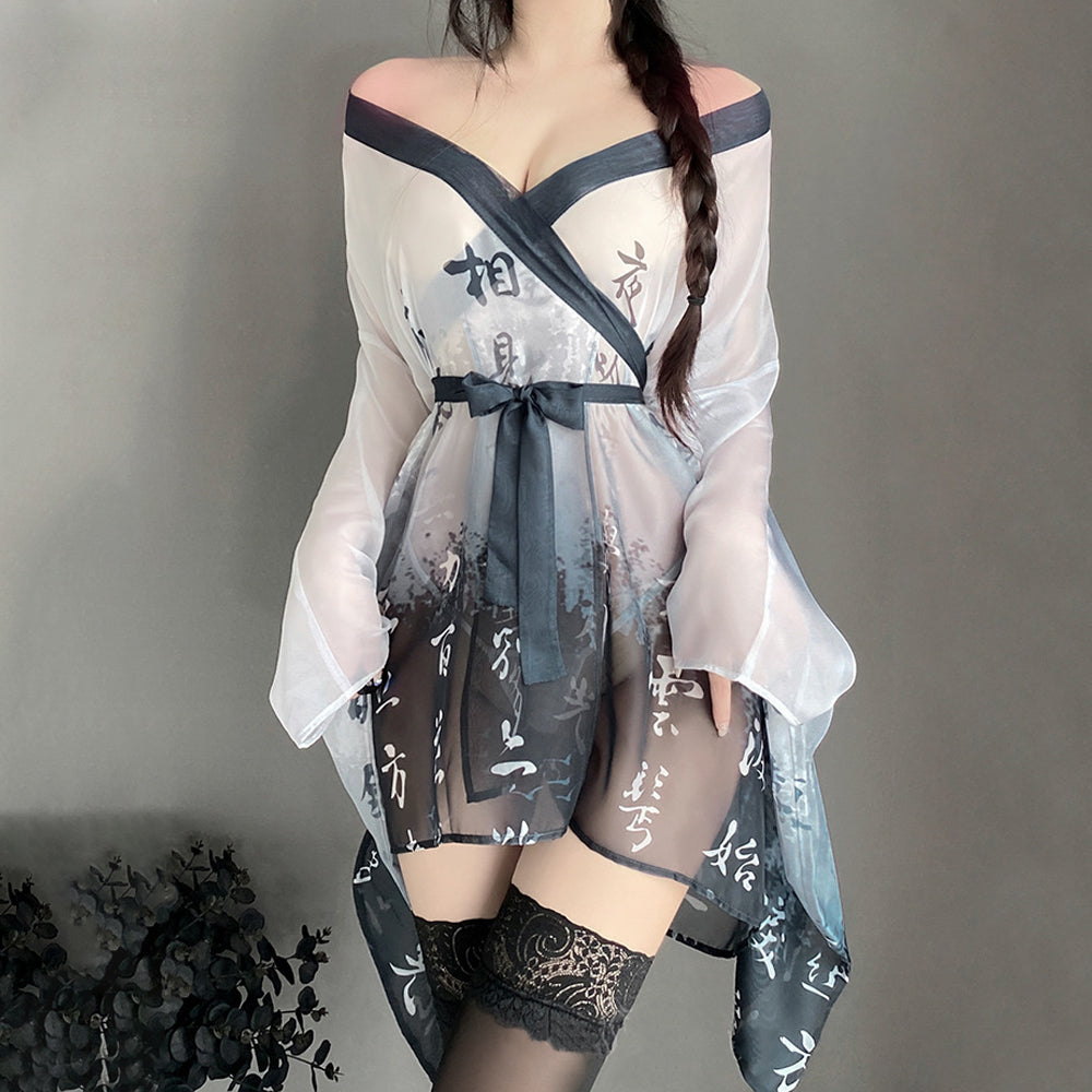 Kimono Robes Asian Cosplay Lingerie Chinese Character Print Anime Outfits