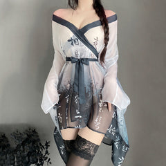 Kimono Robes Asian Cosplay Lingerie Chinese Character Print Anime Outfits