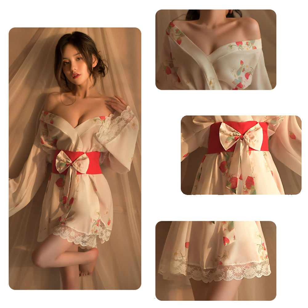 Japanese Kimono Robes Strawberry Print Kimono Lingerie Anime Cosplay Costume