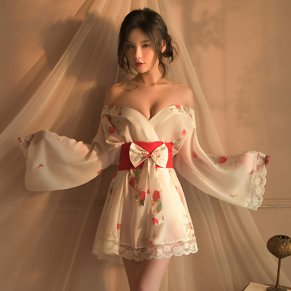 Japanese Kimono Robes Strawberry Print Kimono Lingerie Anime Cosplay Costume