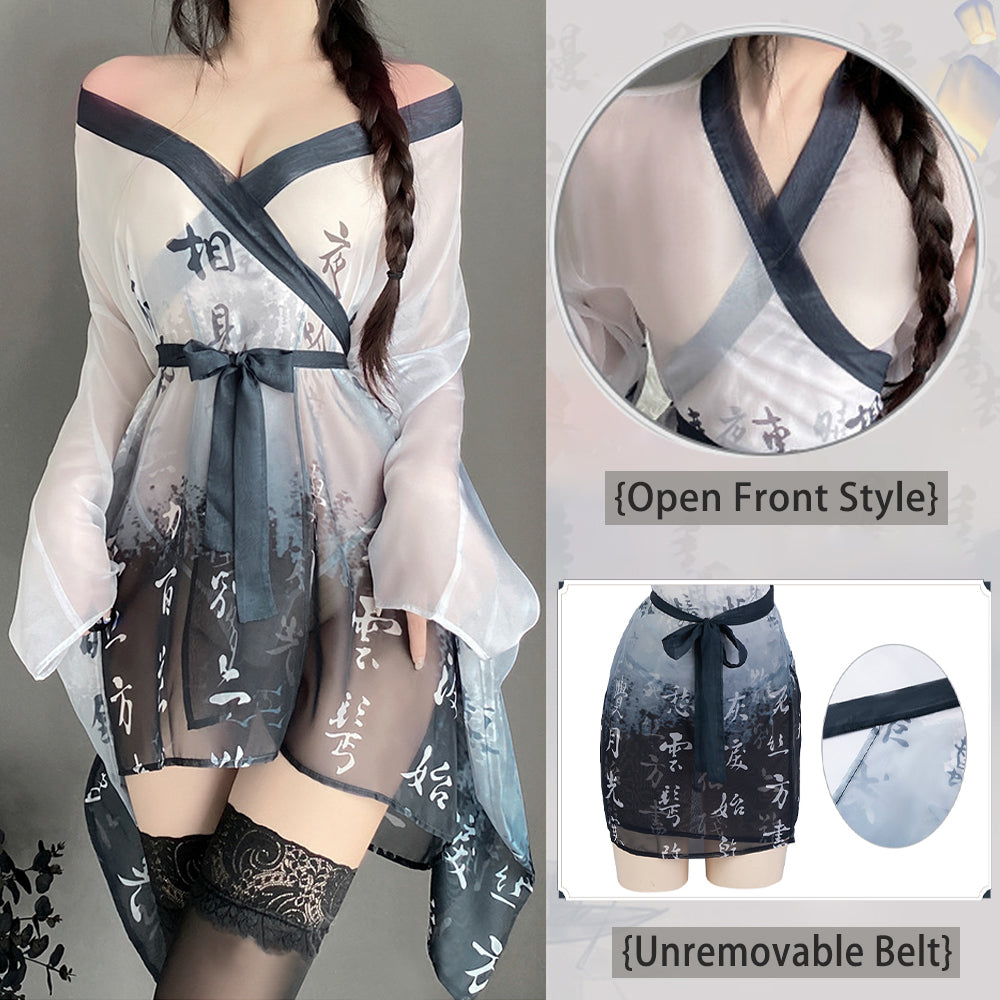 Kimono Robes Asian Cosplay Lingerie Chinese Character Print Anime Outfits