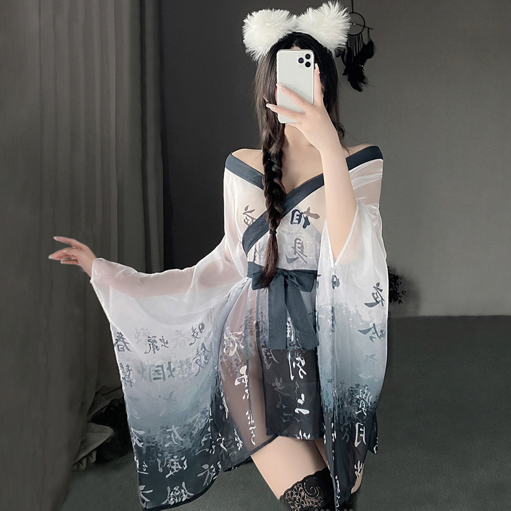 Kimono Robes Asian Cosplay Lingerie Chinese Character Print Anime Outfits