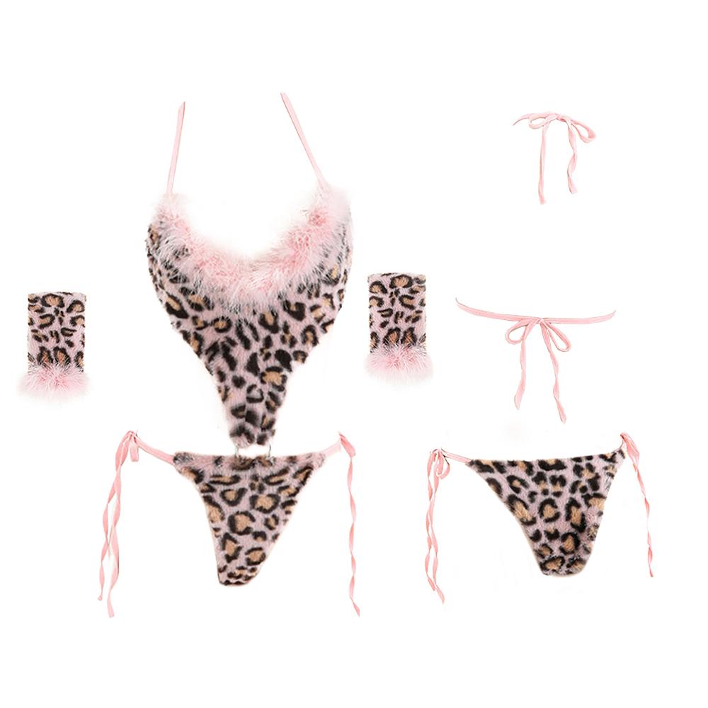 Plush Leopard Bodysuit Hollow Lingerie Set Pink Velvet Tie Back One Piece Babydoll