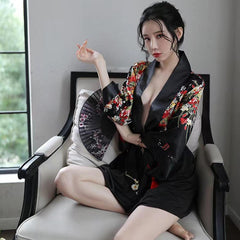 Japanese Kimono Costume Floral Robe Deep V Semi Sheer Lingerie