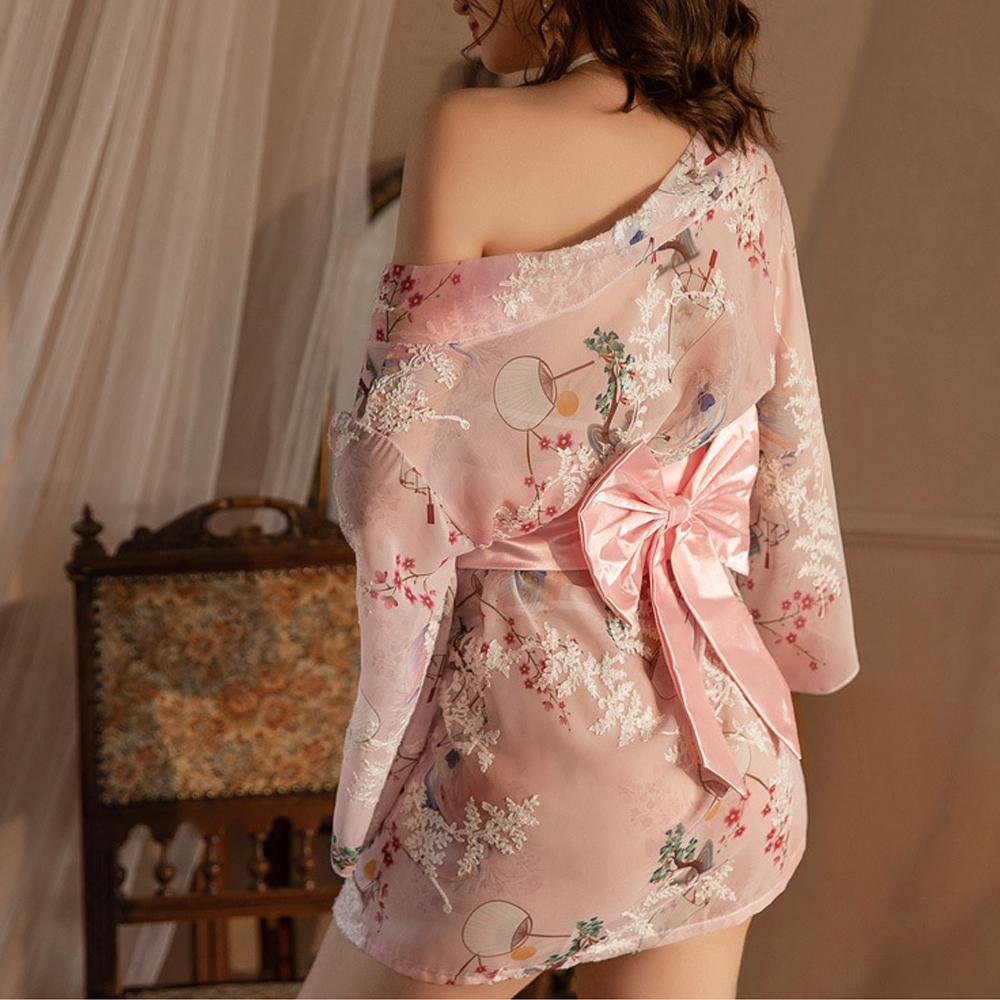 Japanese Kimono Lingerie Set Floral Print Kimono Robe Costume for Women Anime Cosplay Asian Loungewear