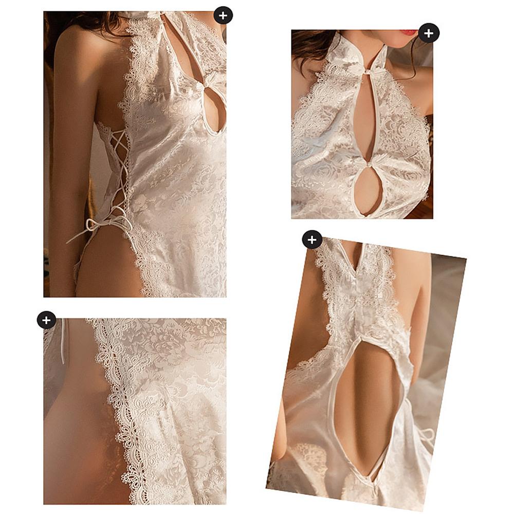 Vintage Chinese Cheongsam Lace Up Side Slit Backless Lingerie Dress Tradition Qipao