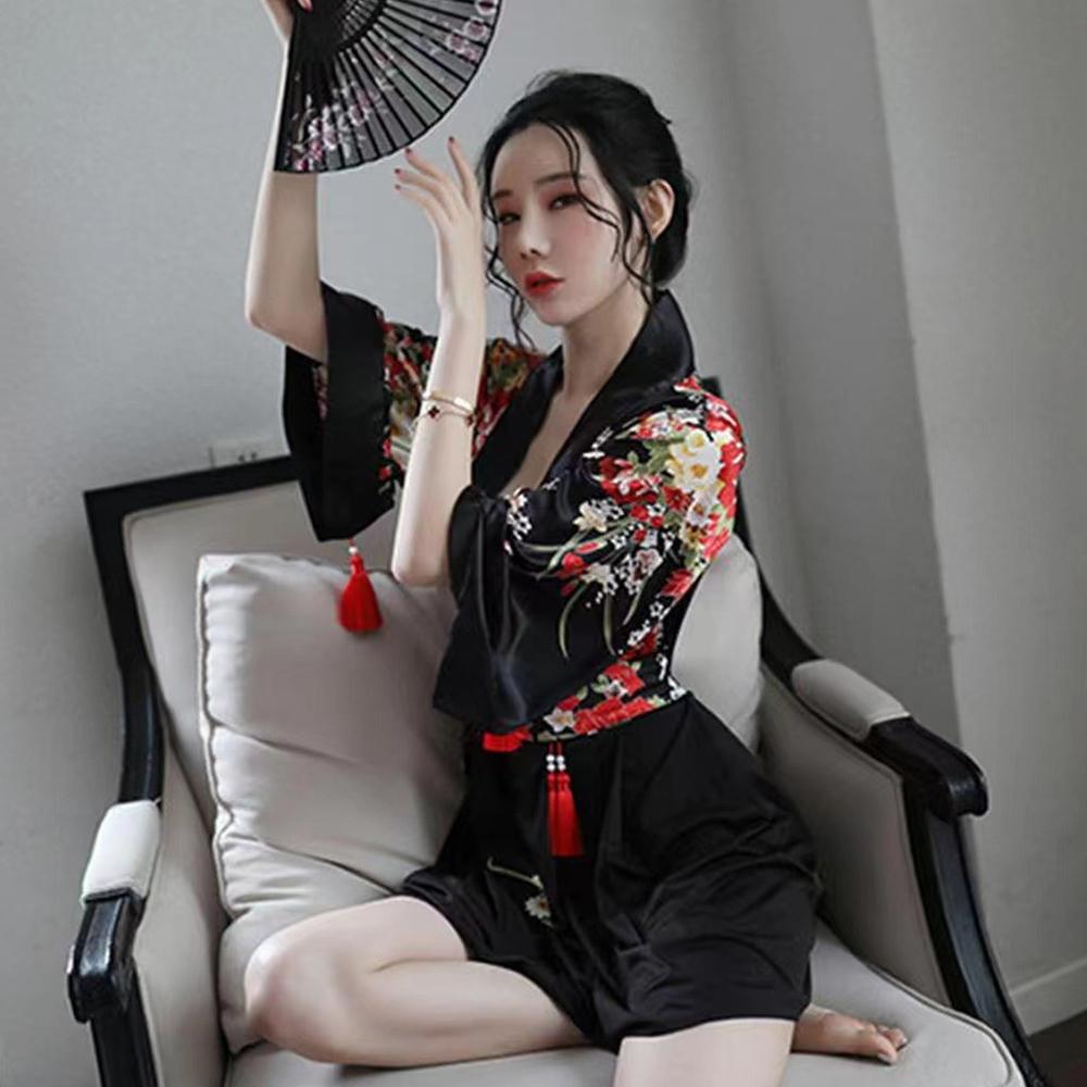 Japanese Kimono Costume Floral Robe Deep V Semi Sheer Lingerie