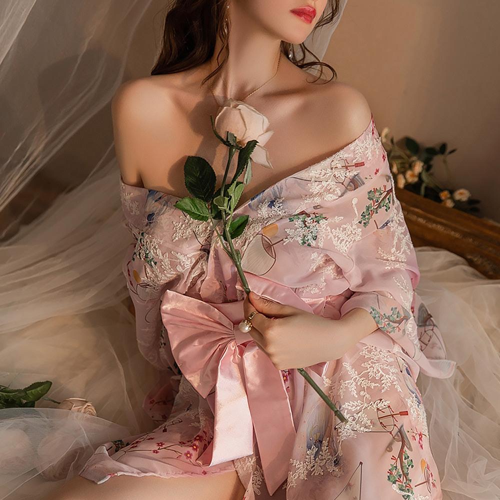 Japanese Kimono Lingerie Set Floral Print Kimono Robe Costume for Women Anime Cosplay Asian Loungewear