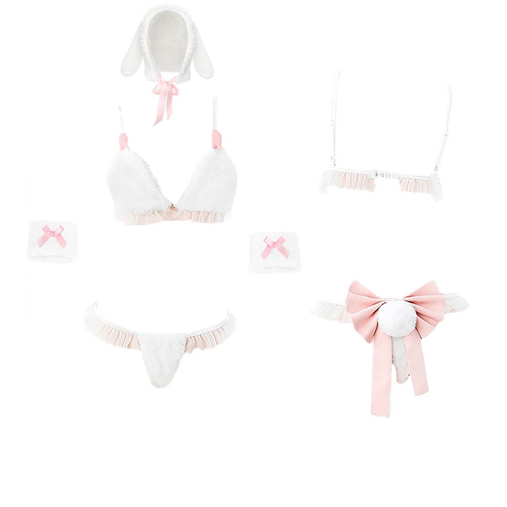 Furry Bunny Lingerie White Lace Ruffle Bra Set with Rabbit Ear Hat Christmas Costume