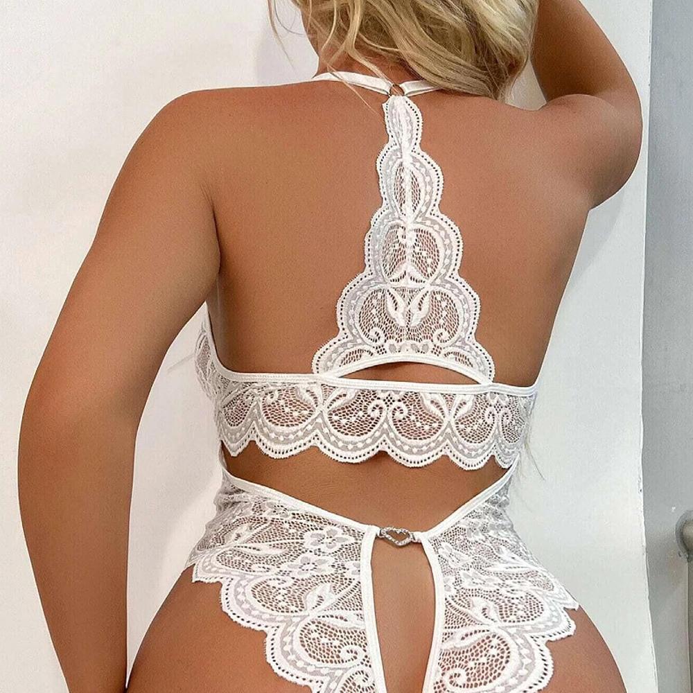 Open Crotch Bodysuit Floral Lace V Neck Lingerie Plus Size One Piece Catsuit