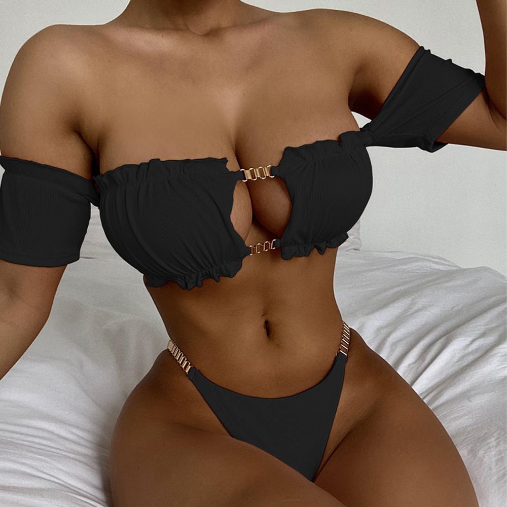 Bandeau Bikini Swimsuit Solid Chain Cut-Out Two Piece Swimsuit