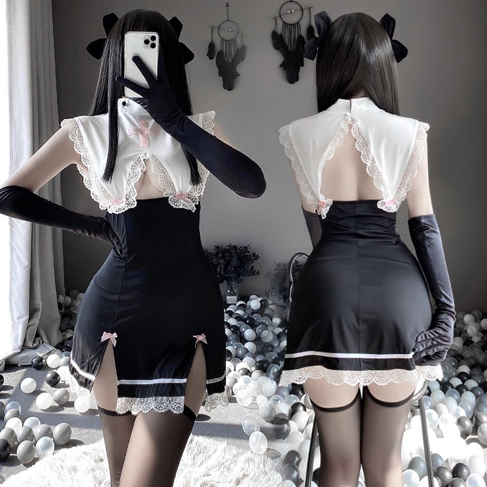 Naughty Maid Outfit Nun Cosplay Costume Lace Babydoll High Slit Bodycon Dress