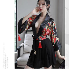 Japanese Kimono Costume Floral Robe Deep V Semi Sheer Lingerie