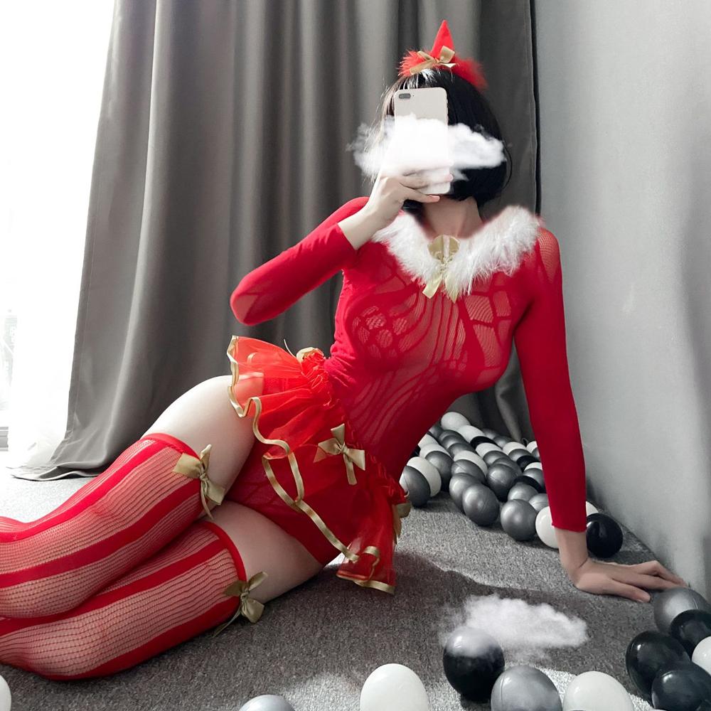 Christmas Bodysuit Mrs Claus Fishnet Lingerie Red Long Sleeve Backless Cosplay Costume