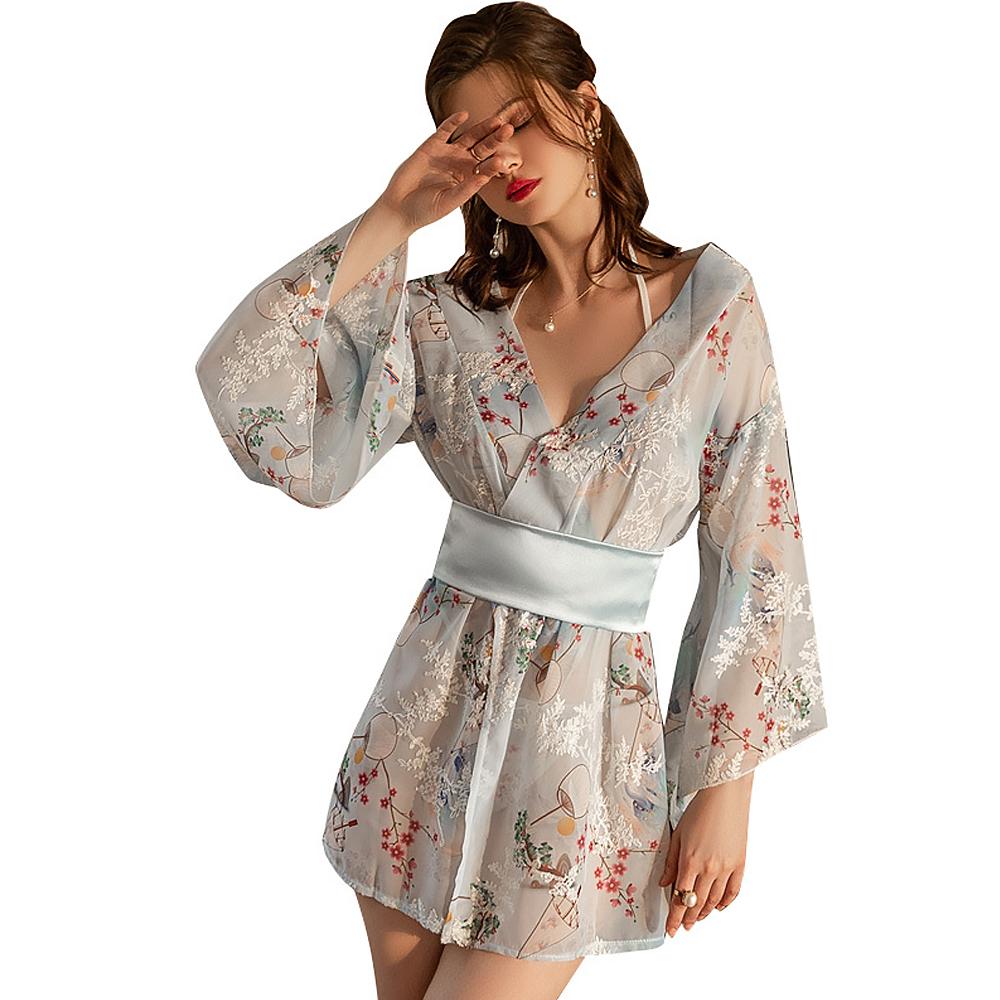 Japanese Kimono Lingerie Set Floral Print Kimono Robe Costume for Women Anime Cosplay Asian Loungewear
