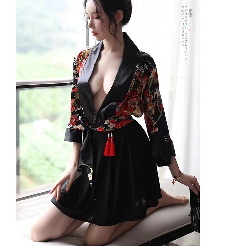 Japanese Kimono Costume Floral Robe Deep V Semi Sheer Lingerie