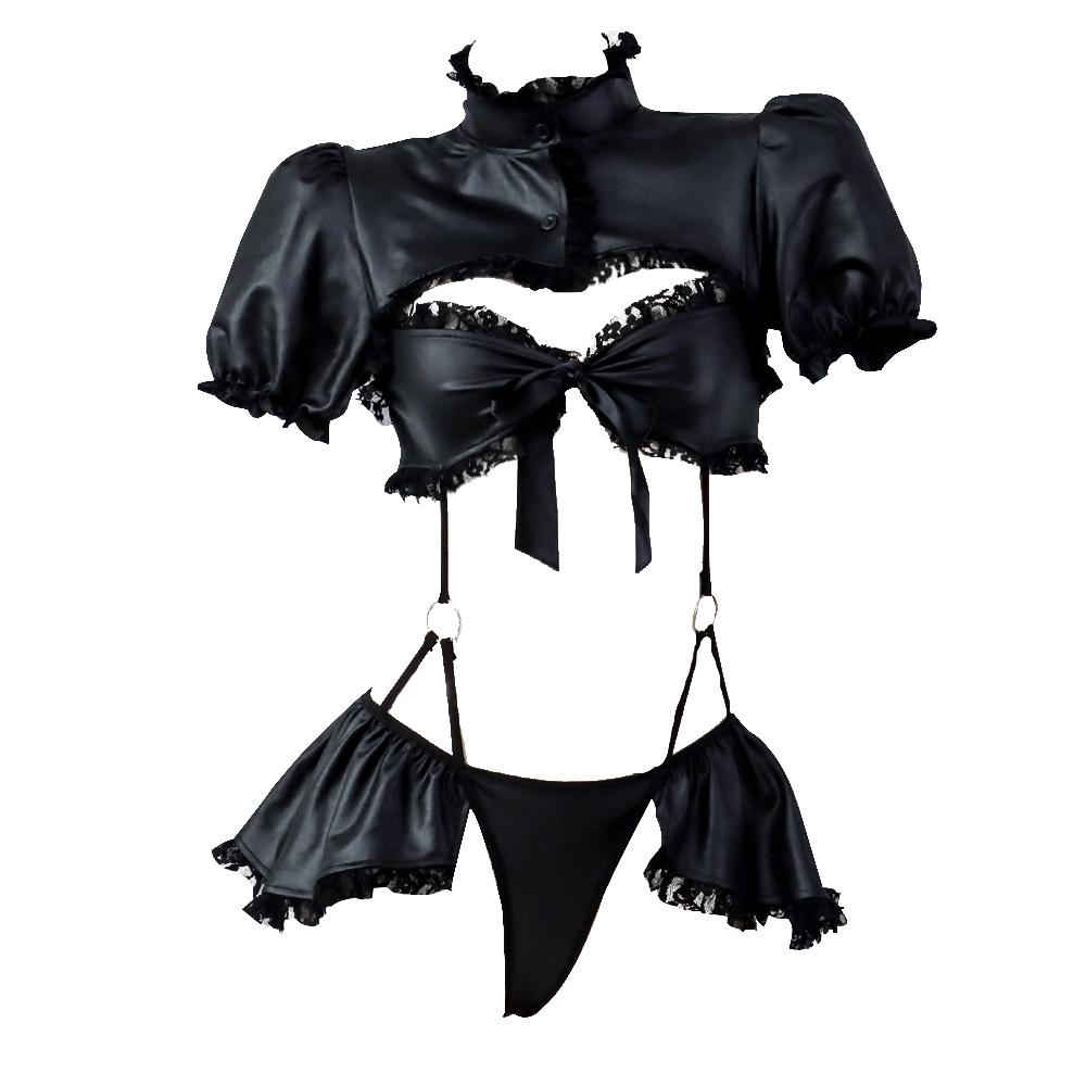 Patent Leather Bodysuit Cutout Puff Sleeve Lingerie Black Jumpsuit