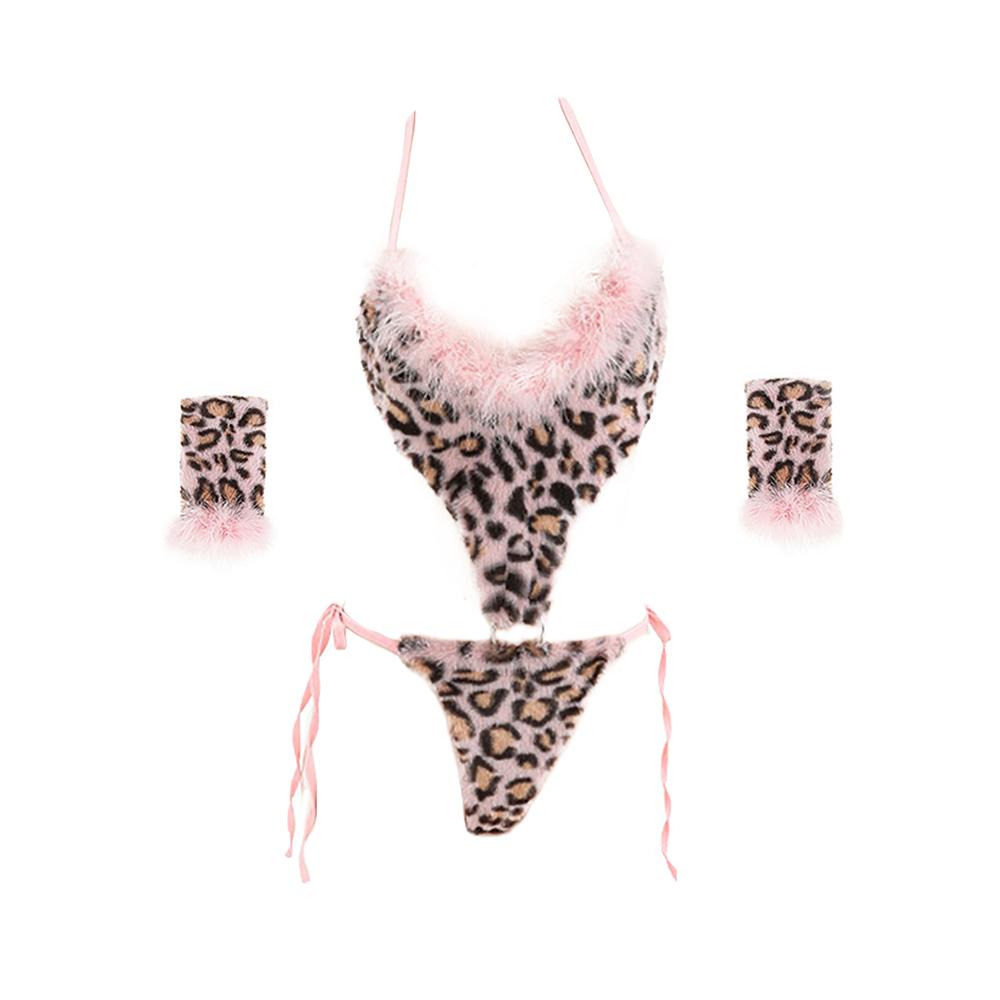 Plush Leopard Bodysuit Hollow Lingerie Set Pink Velvet Tie Back One Piece Babydoll