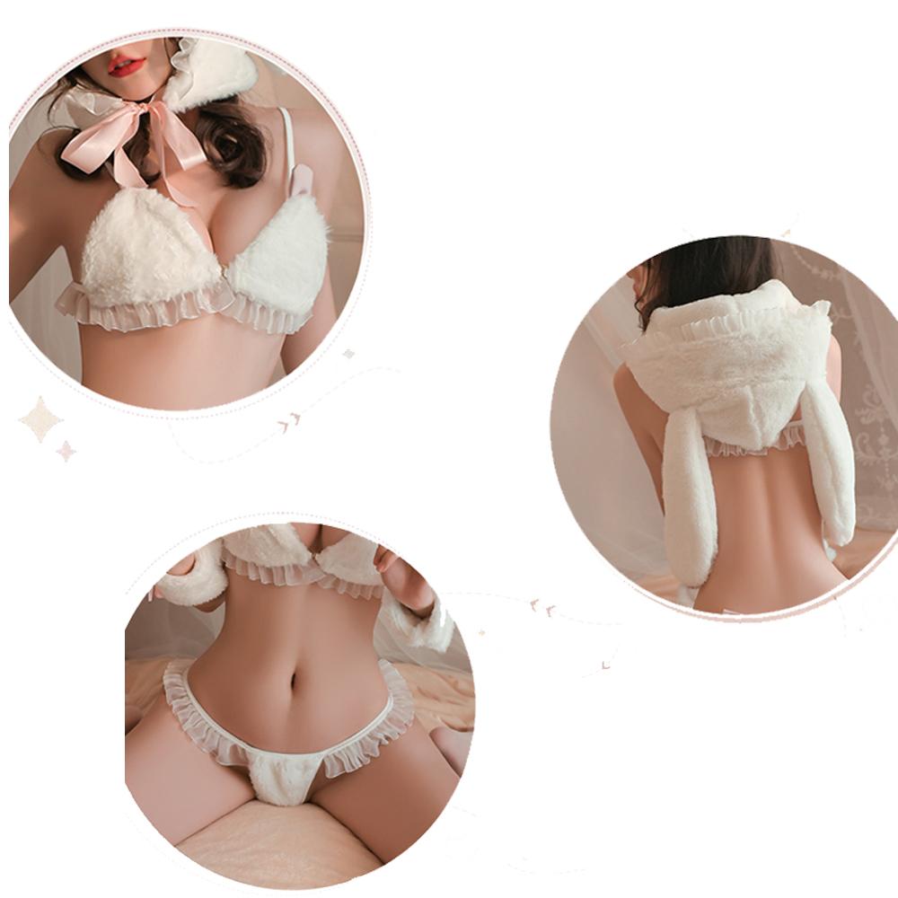 Furry Bunny Lingerie White Lace Ruffle Bra Set with Rabbit Ear Hat Christmas Costume