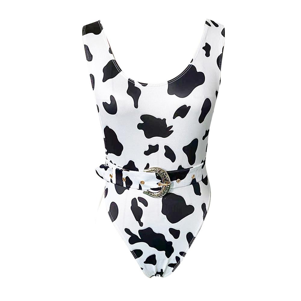 Cow Print Bodysuit with Belt High Cut Backless One Piece Swimsuit
