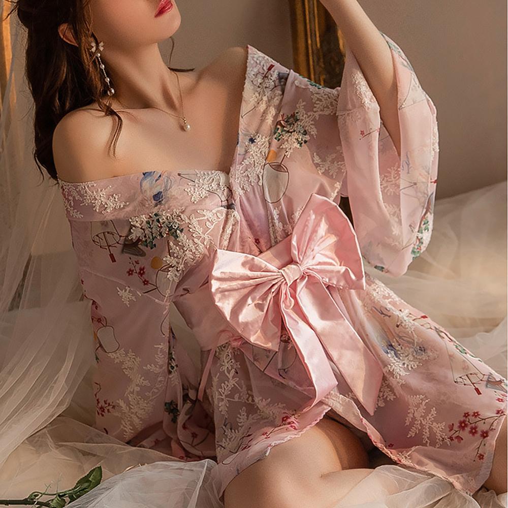Japanese Kimono Lingerie Set Floral Print Kimono Robe Costume for Women Anime Cosplay Asian Loungewear