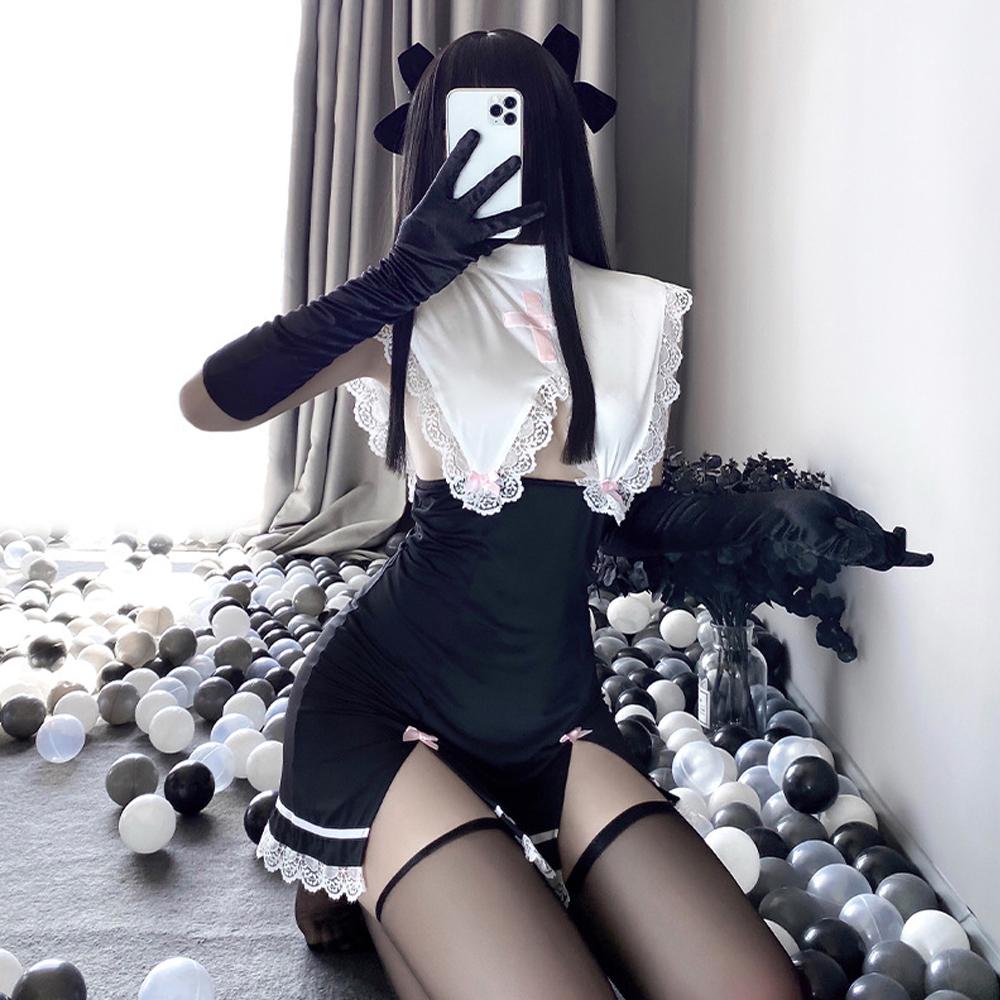 Naughty Maid Outfit Nun Cosplay Costume Lace Babydoll High Slit Bodycon Dress