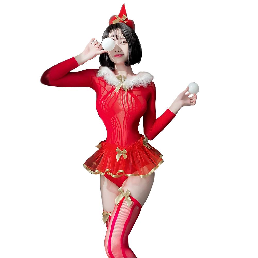 Christmas Bodysuit Mrs Claus Fishnet Lingerie Red Long Sleeve Backless Cosplay Costume