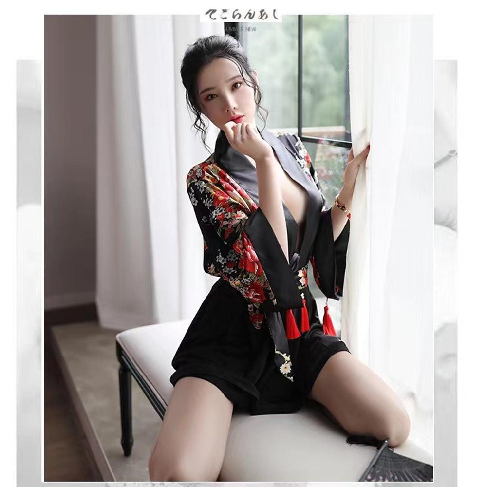Japanese Kimono Costume Floral Robe Deep V Semi Sheer Lingerie