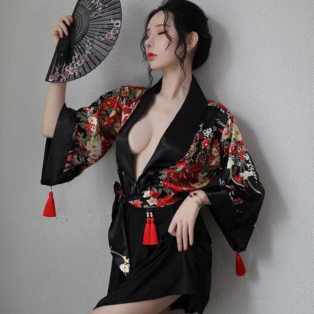 Japanese Kimono Costume Floral Robe Deep V Semi Sheer Lingerie