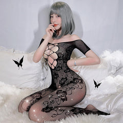 Floral Lace Bodystocking Black Hollow Crotchless Bodysuit