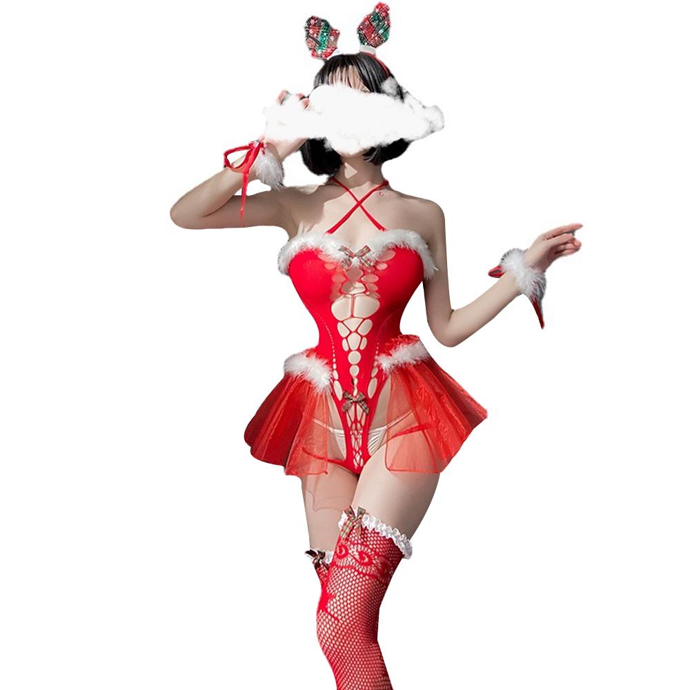 Reindeer Outfit Santa Bodysuit Mrs Claus Lingerie Hollow Velvet Christmas Cosplay Costume