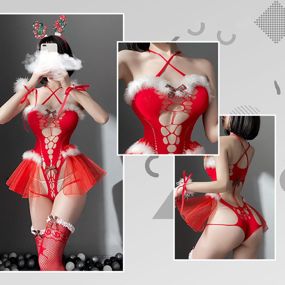 Reindeer Outfit Santa Bodysuit Mrs Claus Lingerie Hollow Velvet Christmas Cosplay Costume