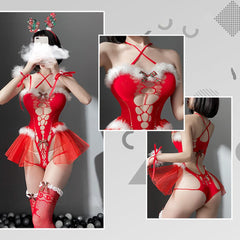 Reindeer Outfit Santa Bodysuit Mrs Claus Lingerie Hollow Velvet Christmas Cosplay Costume