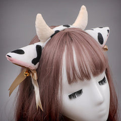 Cow Ears Headband Cow Horns Hair Hoop with Ribbon Bow Bells for Animal Cosplay Party