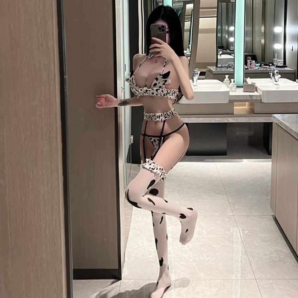 Cow Cosplay Costume Kawaii Outfit Anime Halter Straps Micro Bikini Lingerie Set for Women