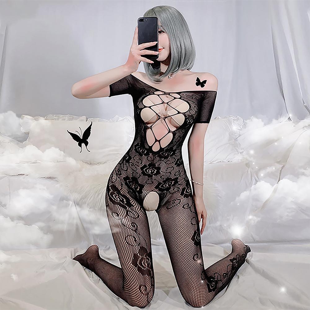 Floral Lace Bodystocking Black Hollow Crotchless Bodysuit