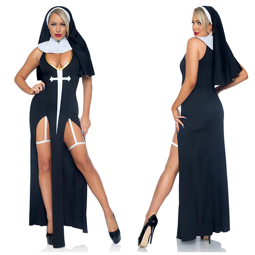 Nun Costume Nun Habit Cosplay Outfits Black Scary Sinner Halloween Costumes