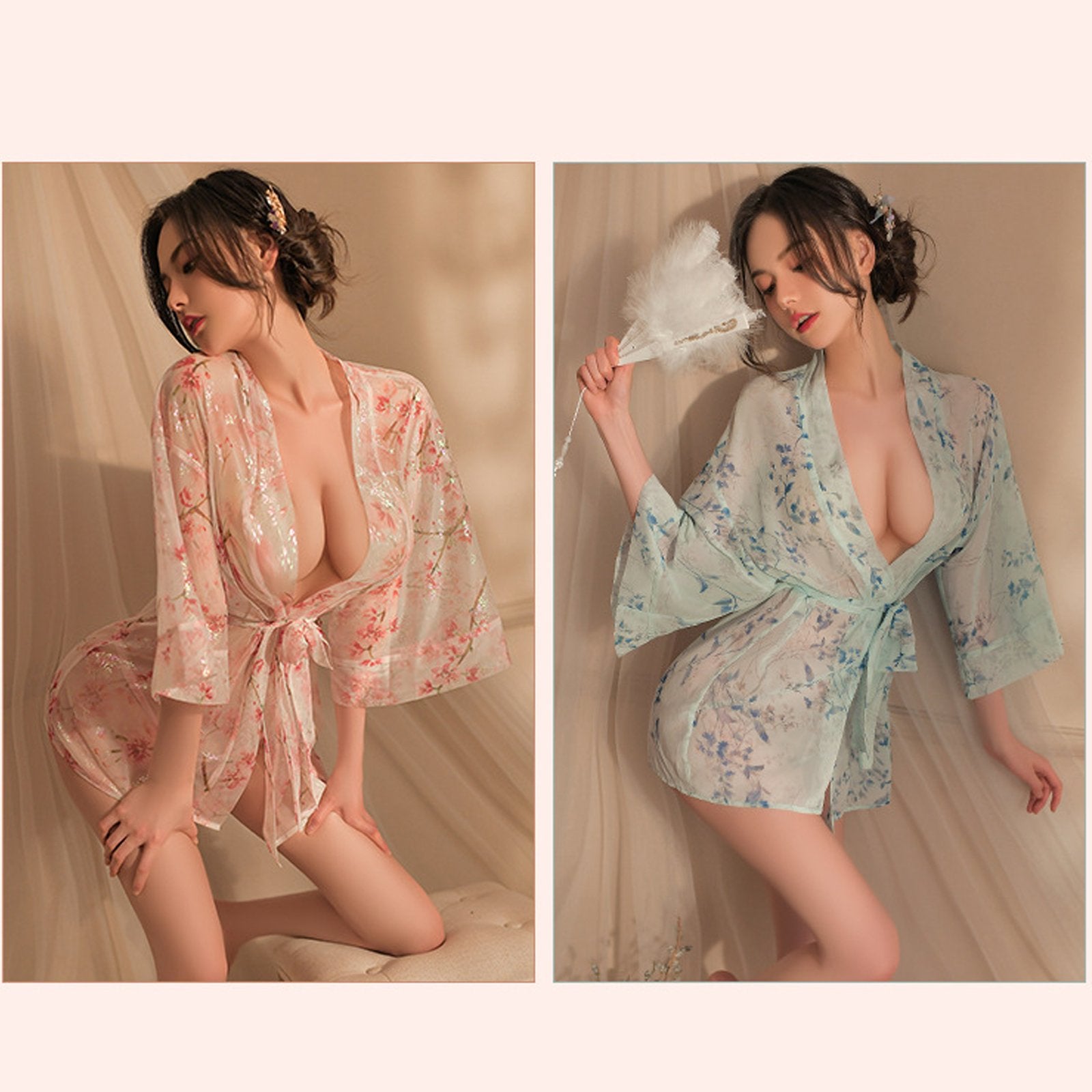 Japanese Kimono Robes Anime Geisha Cosplay Lingerie V Neck Floral Print Dress