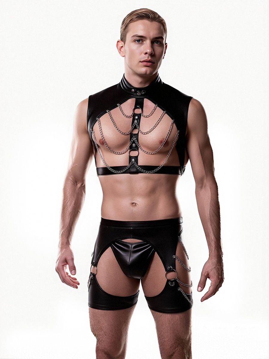 Men's Faux Leather Chains Clubwear Set