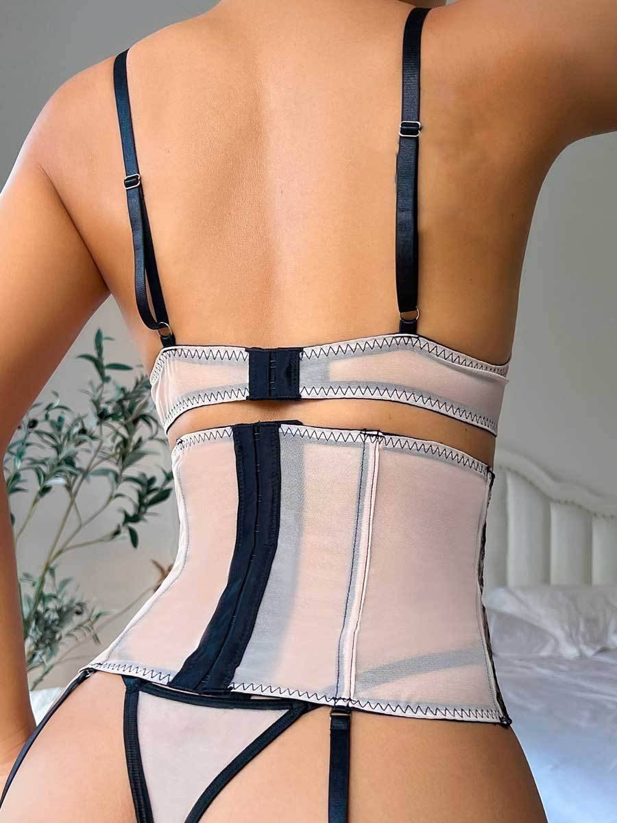 Mesh Floral Embroidered Garter Bra Set