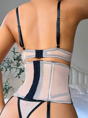 Mesh Floral Embroidered Garter Bra Set