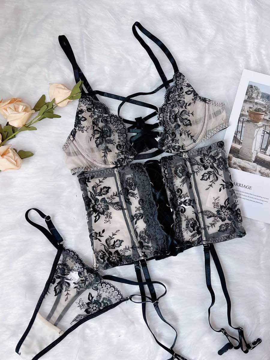 Mesh Floral Embroidered Garter Bra Set