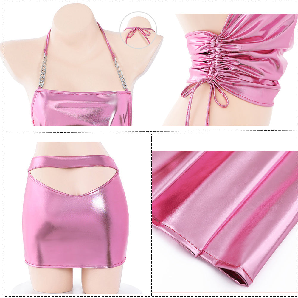 Metallic Latex Outfit Y2K Halter Drawstring Crop Top and Bodycon Pencil Skirt