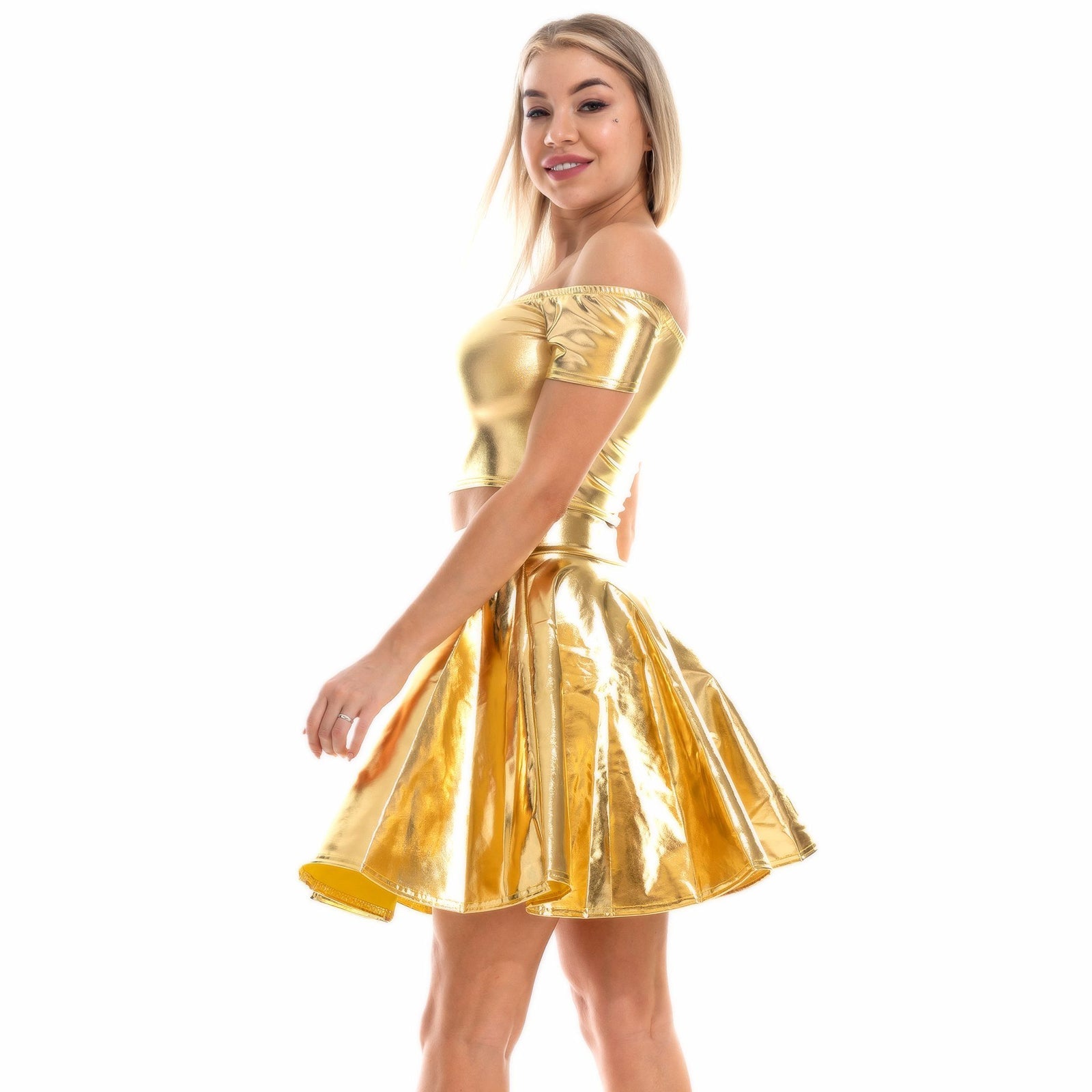 Metallic Skirt Set Girly Holographic Rave Outfits Two Piece Off Shoulder Crop Top and Mini Skirt