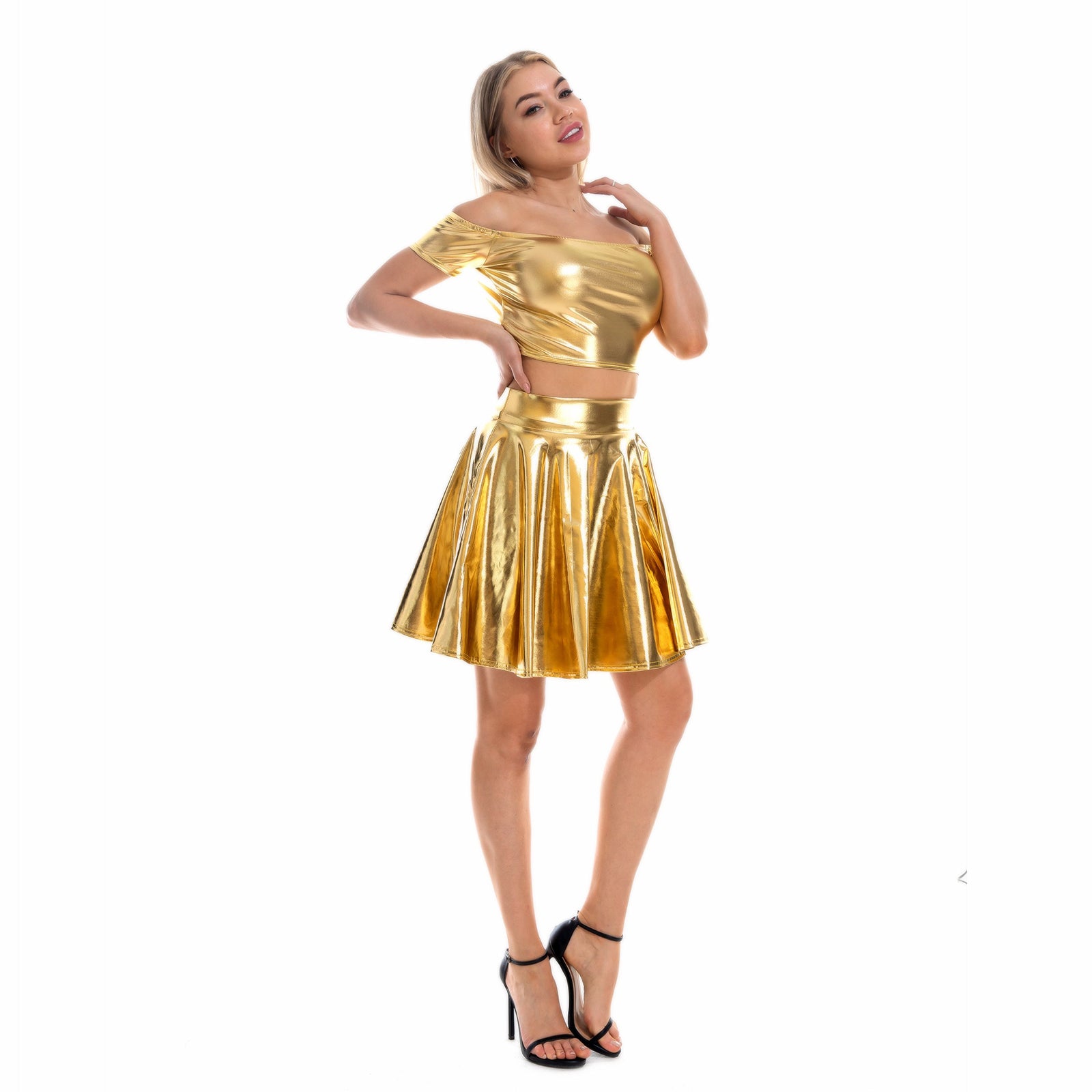 Metallic Skirt Set Girly Holographic Rave Outfits Two Piece Off Shoulder Crop Top and Mini Skirt