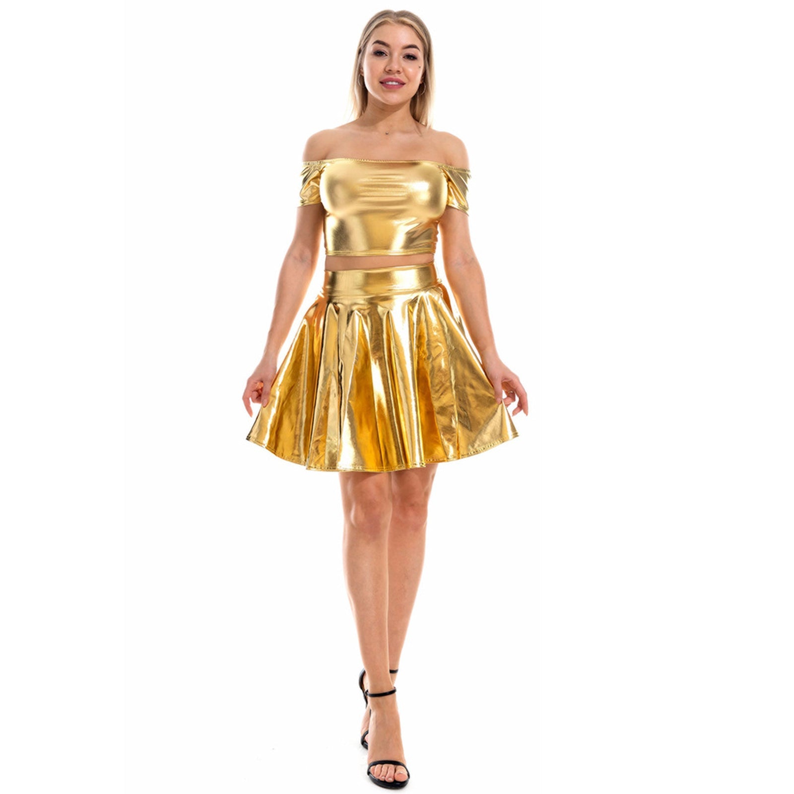 Metallic Skirt Set Girly Holographic Rave Outfits Two Piece Off Shoulder Crop Top and Mini Skirt